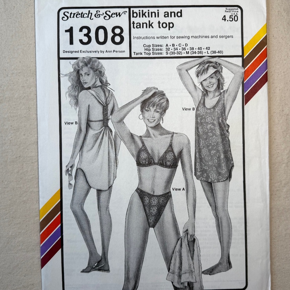 Vintage Stretch & Sew #1308 Women's Bikini and tank top sewing pattern